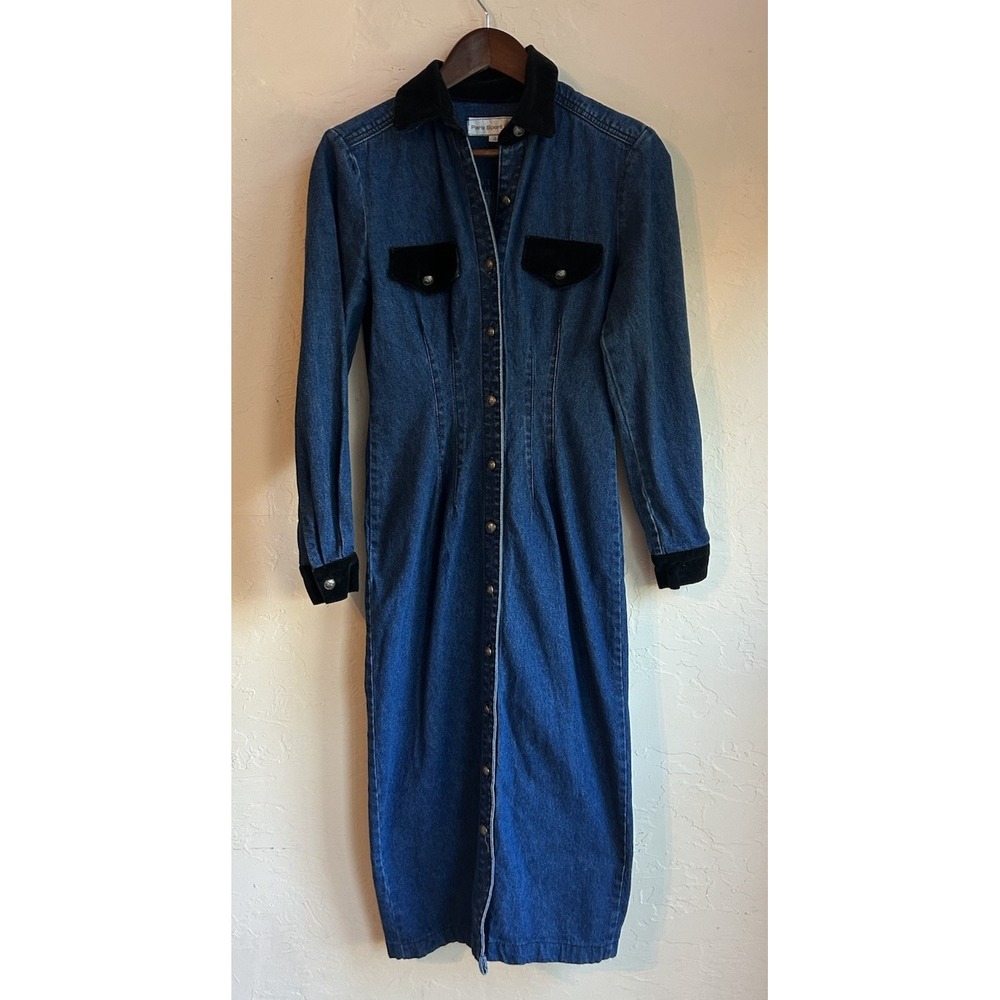Vintage 90s Y2K Denim Midi Dress 3 Velvet Button Up Grunge Academia Western